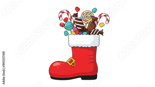 Red Christmas Boot Filled with Colorful Sweets and Candies on White