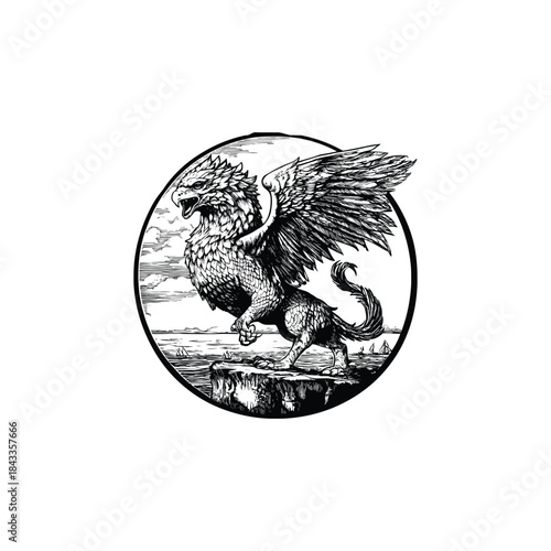 Majestic and powerful vintage engraving style illustration of a mythological Griffin, perched on a coastal rock
