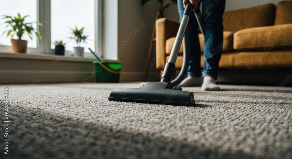 Fototapeta premium Vacuuming carpet in sunlit room with plants near window; yellow couch behind