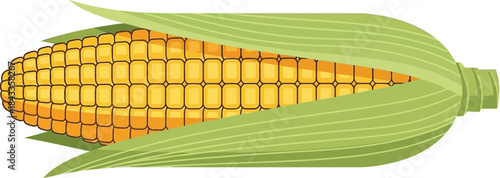 A vibrant illustration of a golden corn cob with fresh green husk leaves displayed