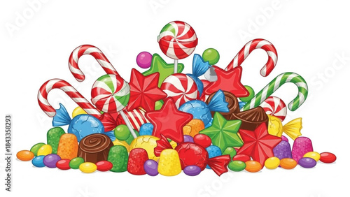 Colorful Candy and Peppermint Sticks on White Background
