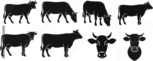  Cows black silhouettes set. different poses cattle animals collection. farm mammals standing