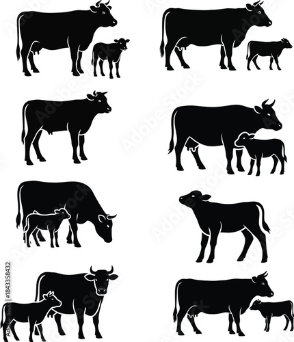 Cow and calf black silhouettes set. different cattle animals and young farm mammals standing