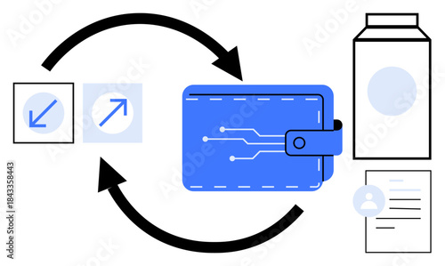 E-commerce, fintech, digital transactions, data exchange, digital wallets, consumer goods. A digital wallet with arrows, icons of documents charts and products. E-commerce and fintech concepts