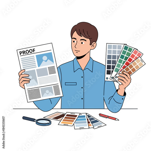 Graphic designer reviewing proof document and choosing colors with swatch palettes.