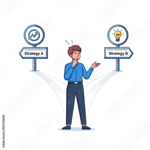 Pensive cartoon man contemplating two strategic paths, decision-making dilemma.