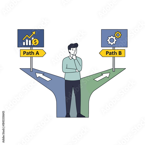 Pensive man choosing between financial growth path and process optimization path, flat vector illustration.