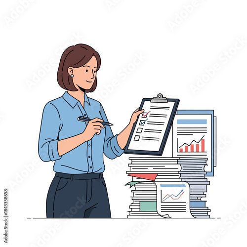 Smiling woman with short brown hair checking a clipboard, standing by stacks of documents.