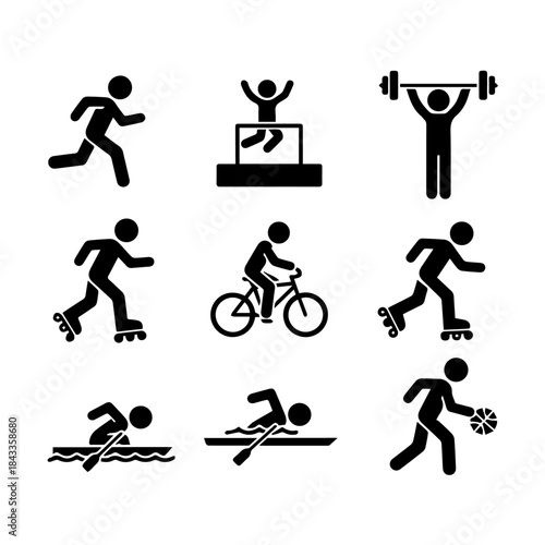 Sports Icons: A collection of dynamic sports icons, perfect for representing a variety of athletic activities, from running and weightlifting to swimming and basketball.