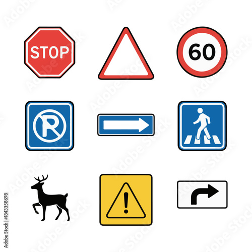 Traffic Signs Collection: A comprehensive compilation of essential road signs, clearly illustrating safety protocols and regulations for drivers and pedestrians.