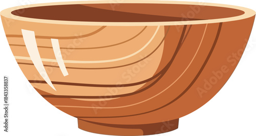 A simple illustration of a light brown empty wooden bowl isolated on a white background