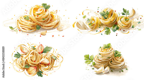 Elegant pasta illustration set featuring swirled noodles with herbs, garlic, and seasoning, perfect for Italian cuisine menus, recipe cards, packaging, and culinary themed designs.