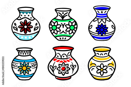 Set of Six Colorful Decorative Ceramic Vases with Floral Patterns, Hand-Drawn Folk Art Style Vases with Bright Flower Designs
