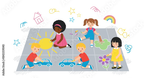 Diverse Group of Children Drawing with Chalk on Pavement.