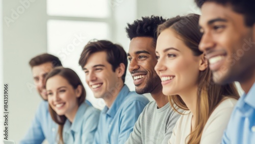 A group of diverse young professionals smiling and looking happy in a meeting or presentation
