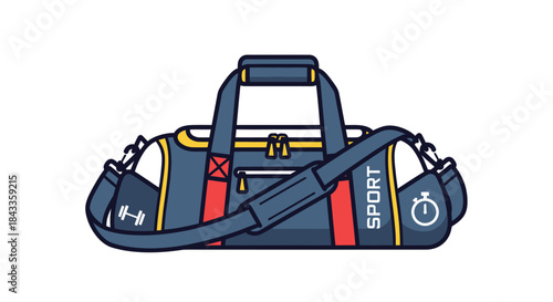 Modern Blue and Red Sport Duffel Bag with Gym Icons.
