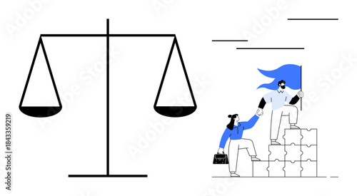 Leadership, fairness, teamwork, collaboration, ethics, justice system. Scales of balance next to two people climbing steps holding hands. Fairness and teamwork concepts for collaboration and ethics