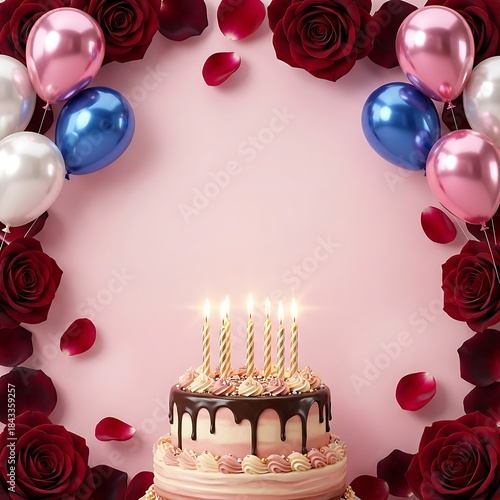 Luxury Glossy Birthday Frame with Metallic Balloons and Delicious Cake Background