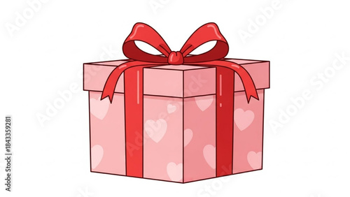 Pink Gift Box with Red Ribbon and Hearts