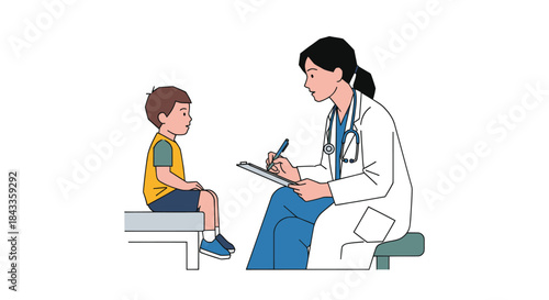 Doctor Consulting with Young Boy Patient Taking Notes.