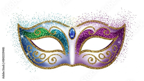 Multicolored Mardi Gras Mask with Gold Accents on White Background