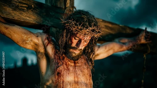 Bloodied figure with crown of thorns struggles under heavy wooden cross in stormy landscape illustrating passion suffering and dramatic christian sacrifice