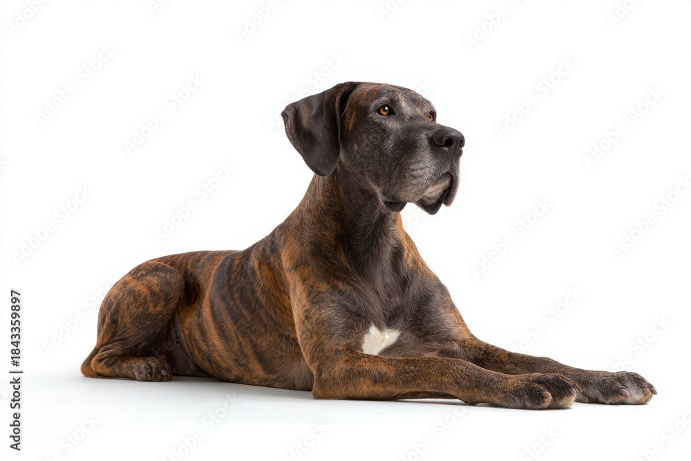 Obraz premium Calm Great Dane Lying in Full Body Portrait Against White Background