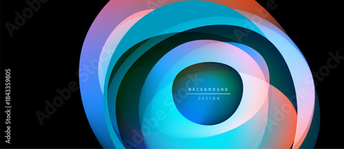 Abstract layers create circular design. Vibrant blues, purples, oranges blend smoothly. Modern background element for projects.