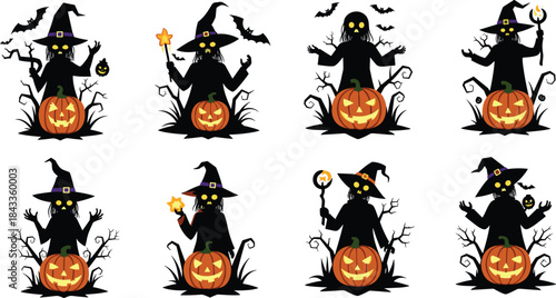 Halloween scarecrow silhouettes, spooky jack-o'-lanterns, glowing eyes, witch hats, eerie bats, haunted trees, festive props, creepy vibe, October theme, horror art