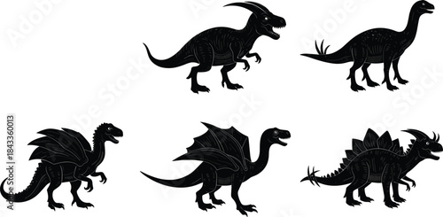 Fantasy dinosaur silhouettes, winged reptiles, horned beasts, prehistoric creatures, dragon hybrids, black shadows, creative design, kids theme, white background, Jurassic art