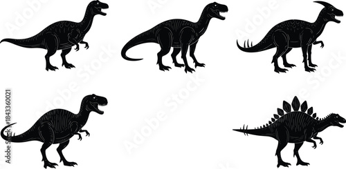 Dinosaur silhouettes, prehistoric creatures, stegosaurus shape, bipedal reptiles, sharp teeth, black shadows, educational design, kids theme, white background, Jurassic bundle