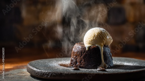 Chocolate lava cake with vanilla ice cream on stone plate for gourmet restaurant visual, dessert editorial layout, luxury food branding, indulgent dining concept, cinematic dessert presentation

