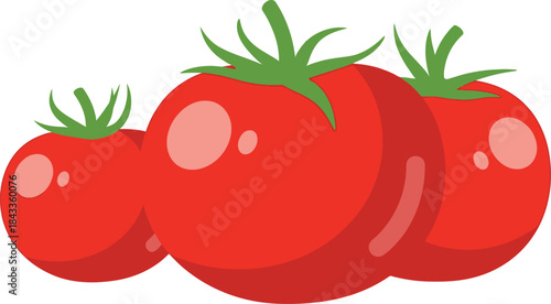 A vibrant illustration depicting three ripe red tomatoes with fresh green stems and leaves