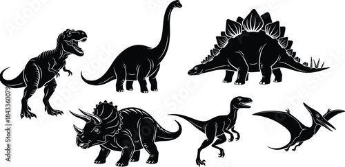 Dinosaur silhouettes, T-Rex, Triceratops, Stegosaurus, Velociraptor, Brachiosaurus, Pteranodon, prehistoric creatures, black shadows, kids learning, white background, Jurassic bundle