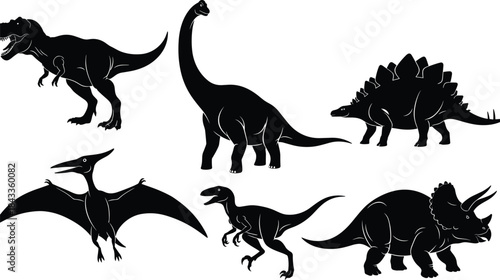 Dinosaur silhouettes, prehistoric species, T-Rex, Triceratops, Stegosaurus, Velociraptor, Brachiosaurus, Pteranodon, black shadows, kids learning, white background, Jurassic bundle