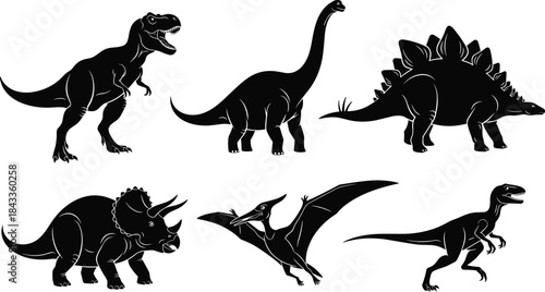 Dinosaur silhouettes, T-Rex, Triceratops, Stegosaurus, Velociraptor, Brachiosaurus, Pteranodon, prehistoric creatures, black shadows, kids learning, white background, Jurassic set