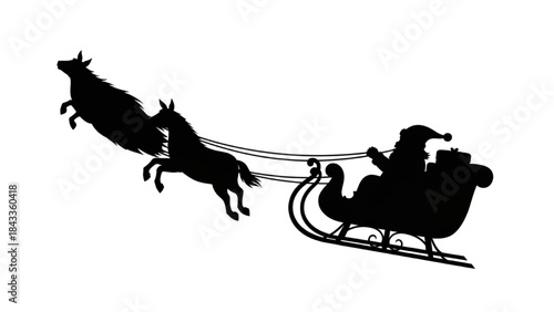 Santa Claus Riding Sleigh Pulled by Reindeer in Night Sky