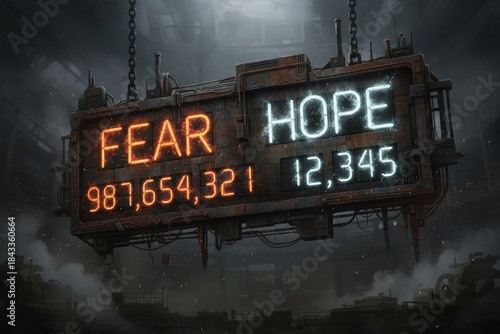 A large digital sign shows the words fear and hope in contrasting colors. The display is set in a dark, industrial environment, highlighting the numbers beneath each word
