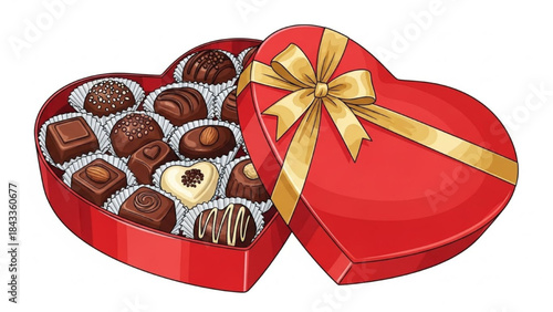 Red Heart Shaped Box of Chocolates with Gold Ribbon on White Background