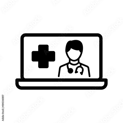 Online Digital Medicine Silhouette Icon. Doctor in Computer Medical Health Care Online Glyph Black Pictogram. Virtual Medicine Service Icon. Telemedicine. Isolated Vector Illu