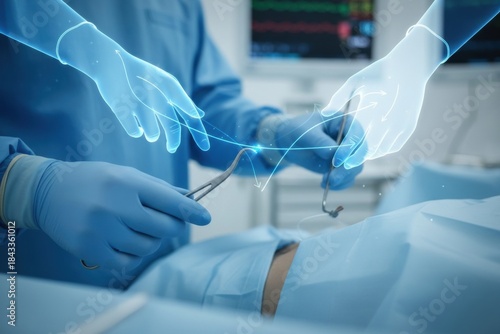 Surgeons perform a complex operation using digital tools and devices to enhance precision in a well-equipped operating room setting. The focus is on their careful movements and advanced equipment
