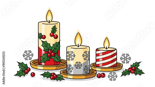 Christmas Candles with Holly and Snowflakes on Gold Plates