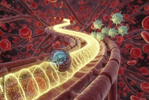 A vibrant scene shows a section of the bloodstream with red blood cells flowing smoothly. Viral particles are visible, highlighting activity during a biological response