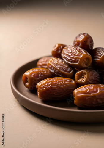 Wallpaper Mural A simple, elegant close-up of a pile of plump, high-quality dates resting on a small, dark brown ceramic plate against a neutral background. Torontodigital.ca