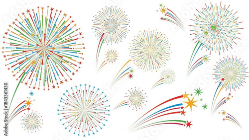 Colorful Fireworks Exploding in Night Sky with Sparkling Trails