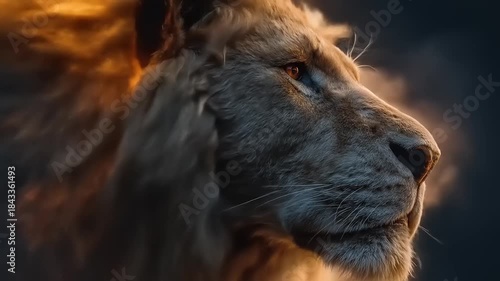 Majestic lion portrait illuminated by warm light against dark backdrop