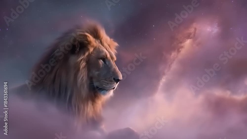 Majestic lion silhouette in dramatic atmospheric lighting with purple hues