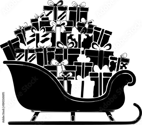 Black Sled Overloaded with Christmas Gifts on White Background