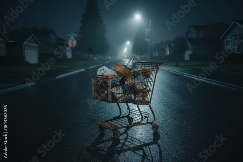 A shopping cart overflowing with garbage stands on a wet road, with streetlights illuminating the scene. Nearby houses fade into darkness, creating a lonely atmosphere