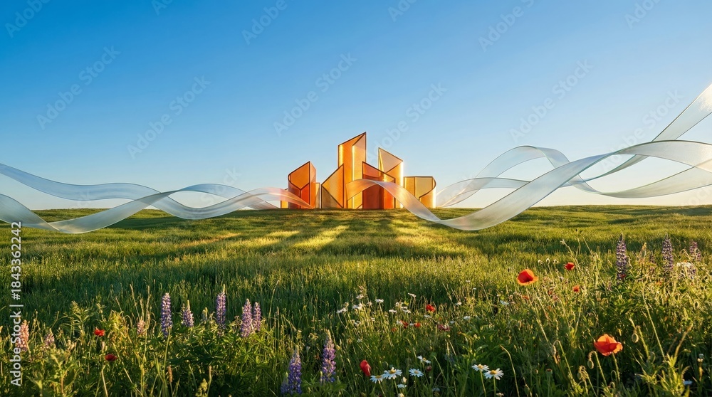 Fototapeta premium Futuristic golden city rising from green meadow with flowing energy waves